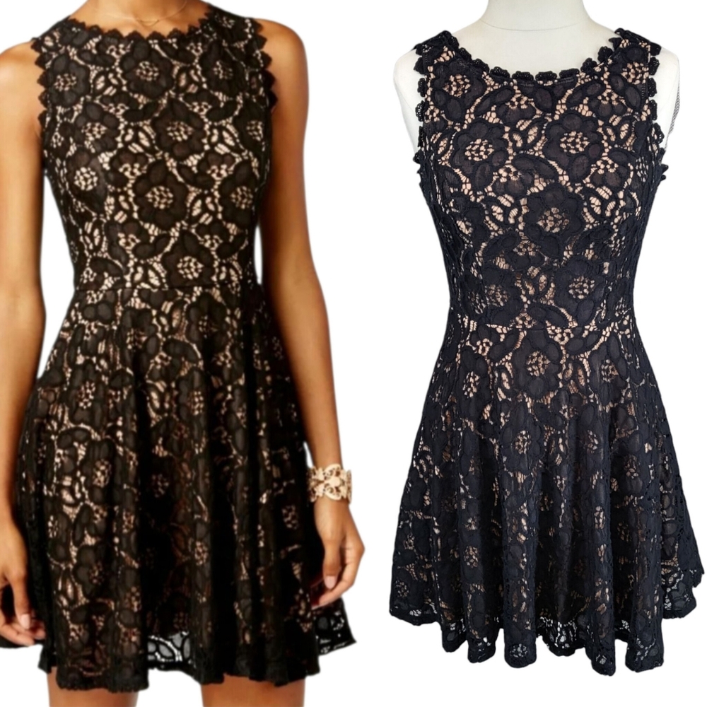 City Studio Black Floral Lace Mini Dress Fit & Flare Lined Scalloped Size 1 XS